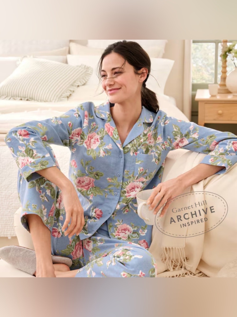 Garnet Hill Organic Cotton Heritage Flannel Pajama Top Shirt S Blue Floral NWOT